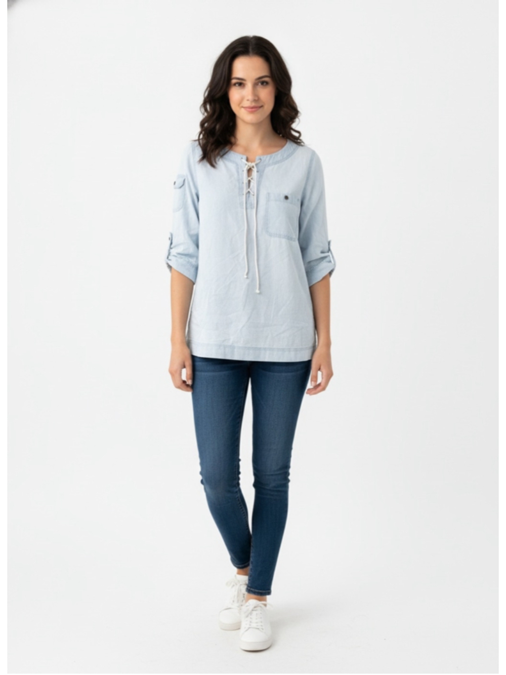 Lauren Ralph Lauren Denim Chambray Blue Lace-Up Peasant Blouse Large Cotton